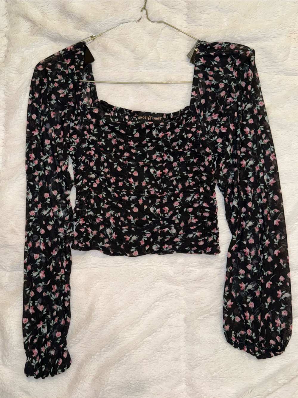 Black Floral Long-Sleeve Smocked Top